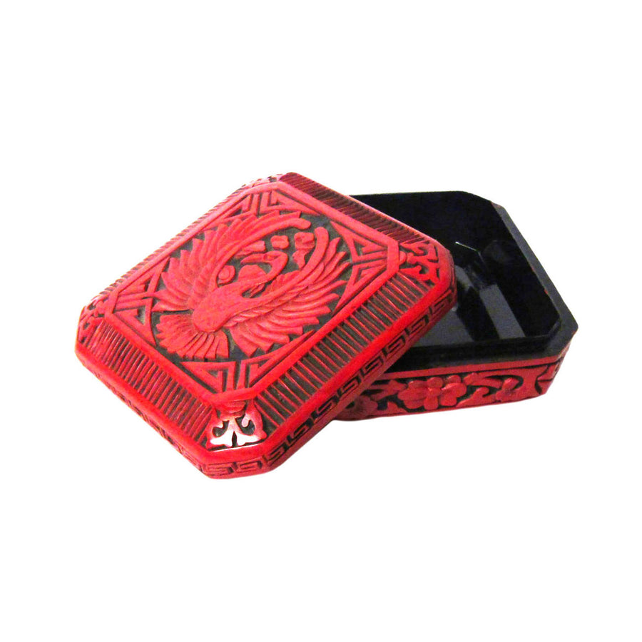 Bold Red Black Cinnabar Resin Square Carved Swan Collector’s Box