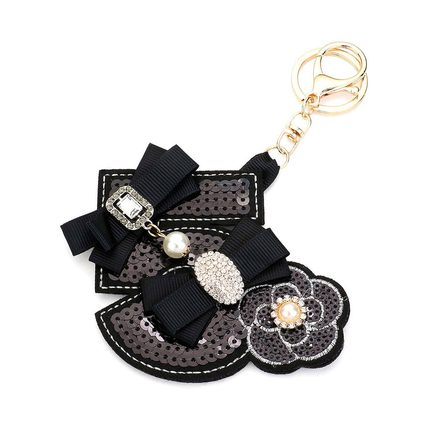 Gold Black Sequin Pearl Bow Flower Deco Key Chain
