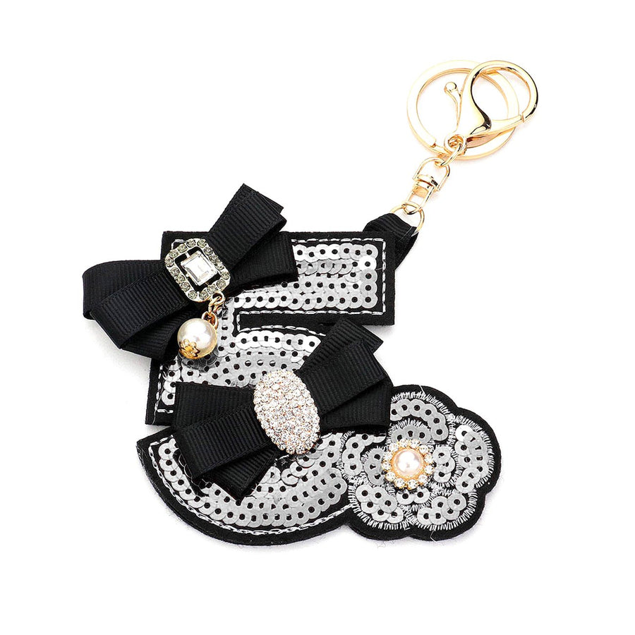 Gold Black Sequin Pearl Bow Flower Deco Key Chain