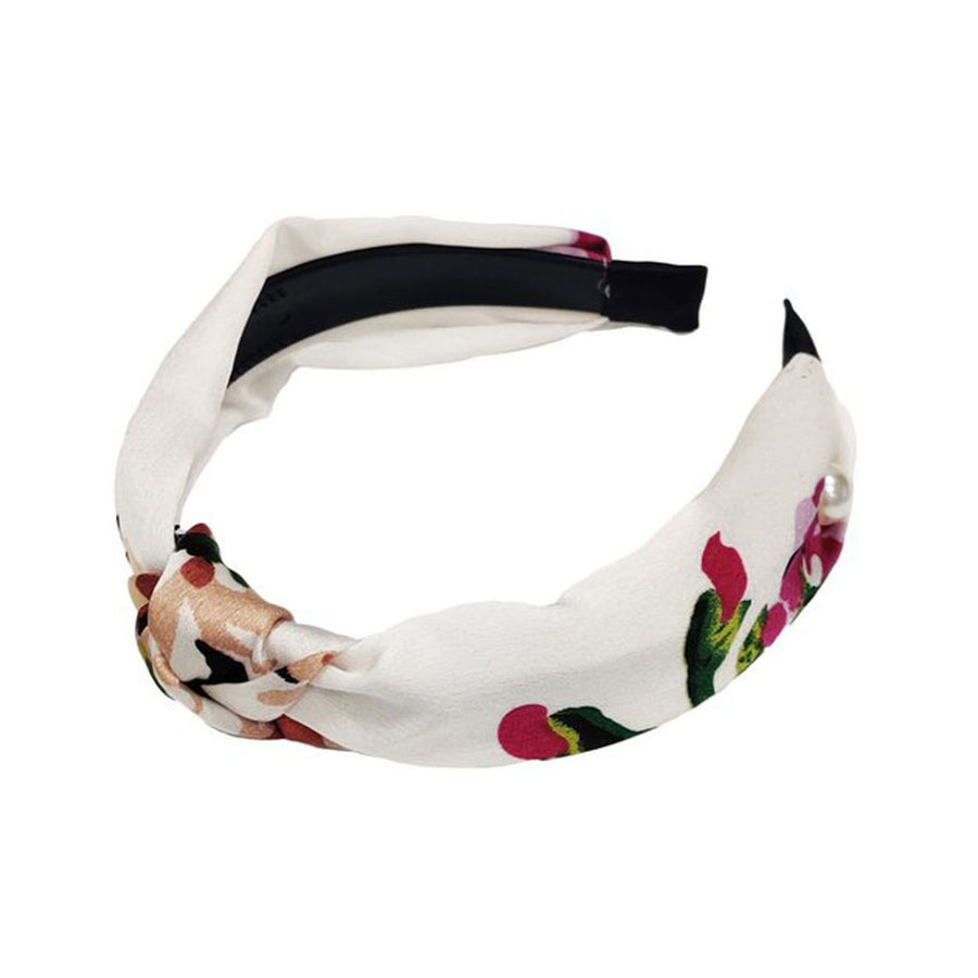 White Floral Print Knot Button Headband