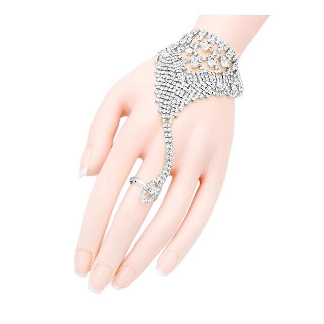 Dazzling Rhinestone Silver Hand Chain Ring Bracelet
