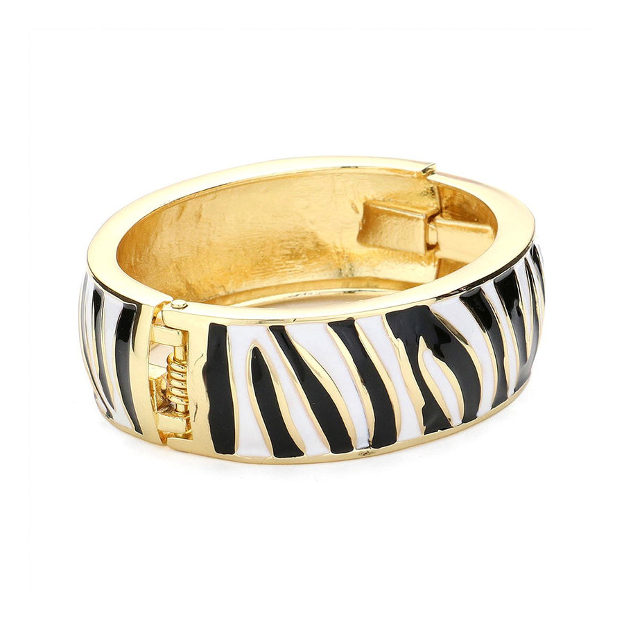 Silver Enamel Zebra Print Hinged Bangle Bracelet