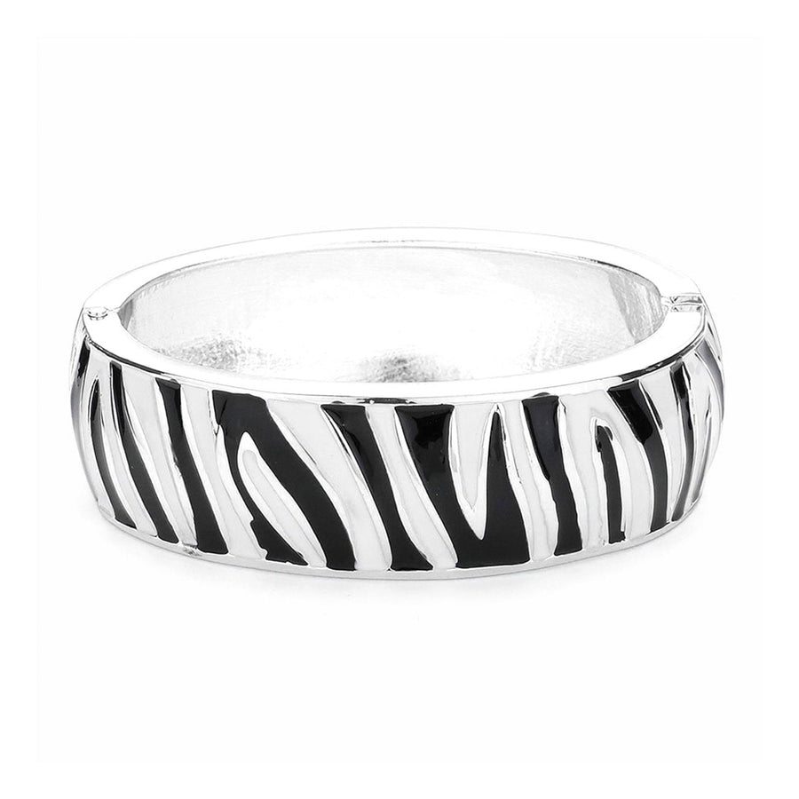 Silver Enamel Zebra Print Hinged Bangle Bracelet