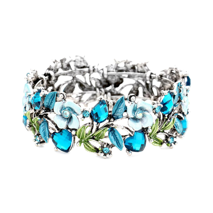 Antique Silver Blue Floral Cuff Bracelet