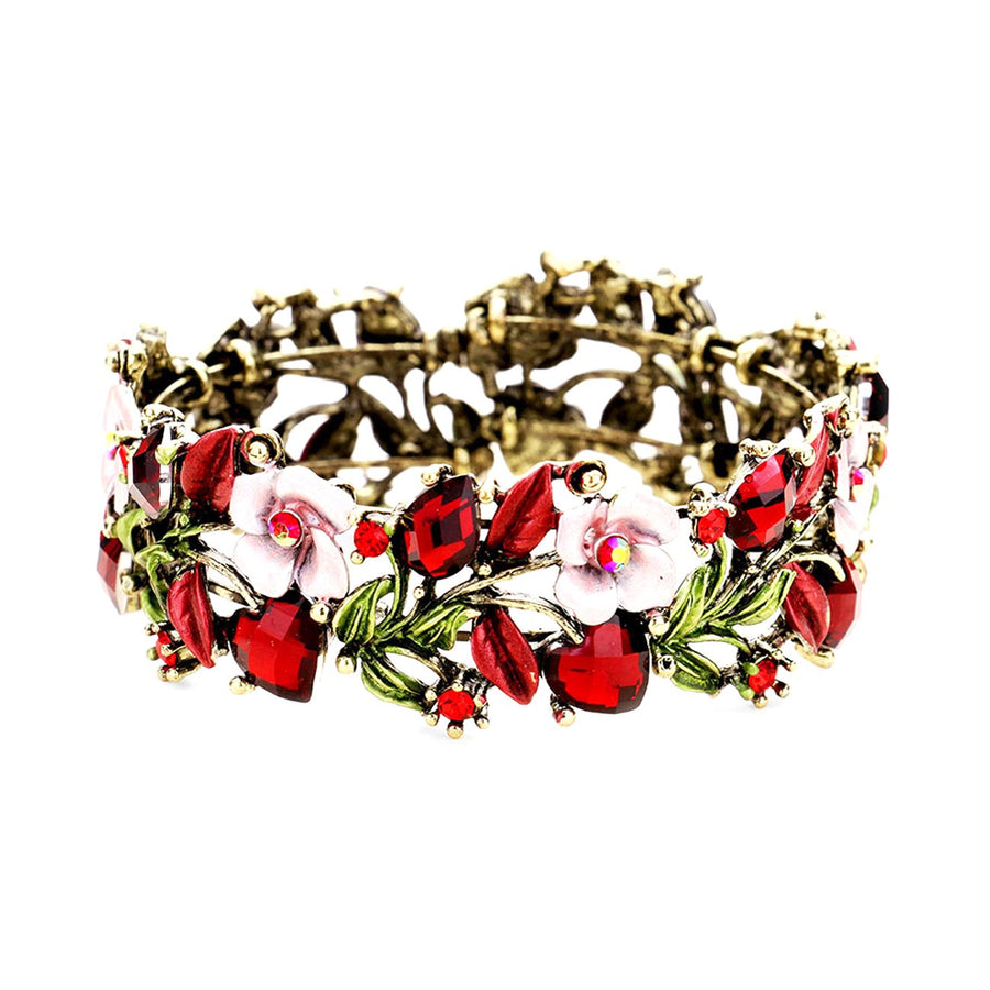 Antique Gold Red Floral Cuff Bracelet