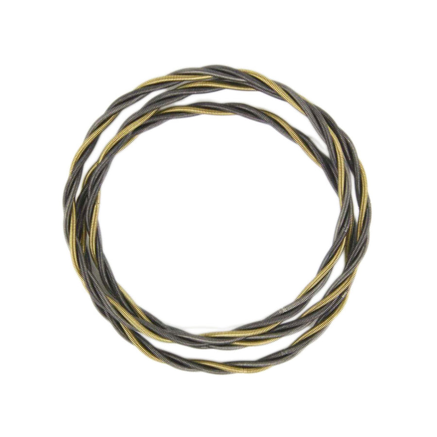 Handcrafted Stack Of Two-Tone Twisted Bronzy Piano Wire Bracelet