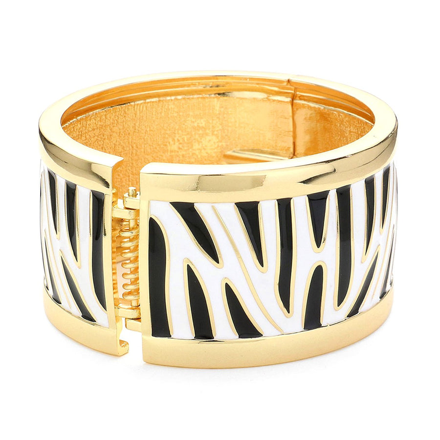 Gold Enamel Zebra Print Hinged Bangle Bracelet