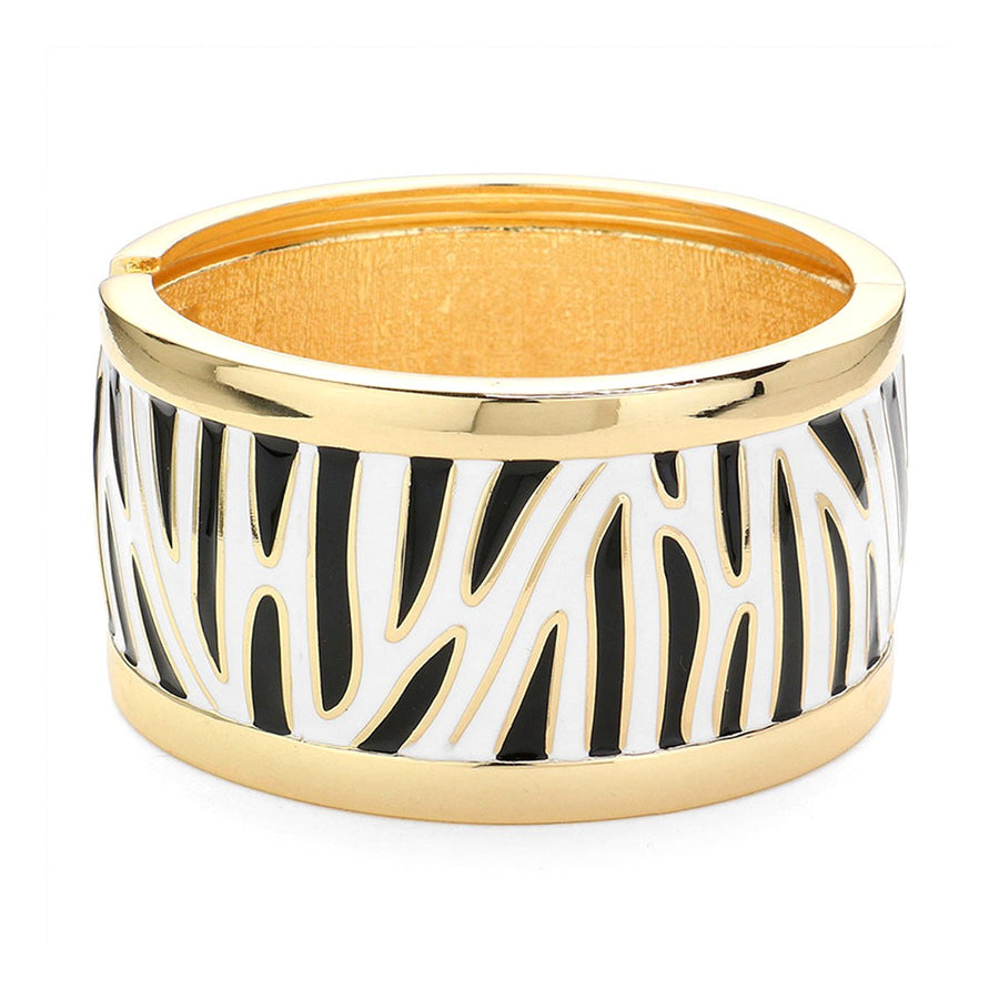 Gold Enamel Zebra Print Hinged Bangle Bracelet