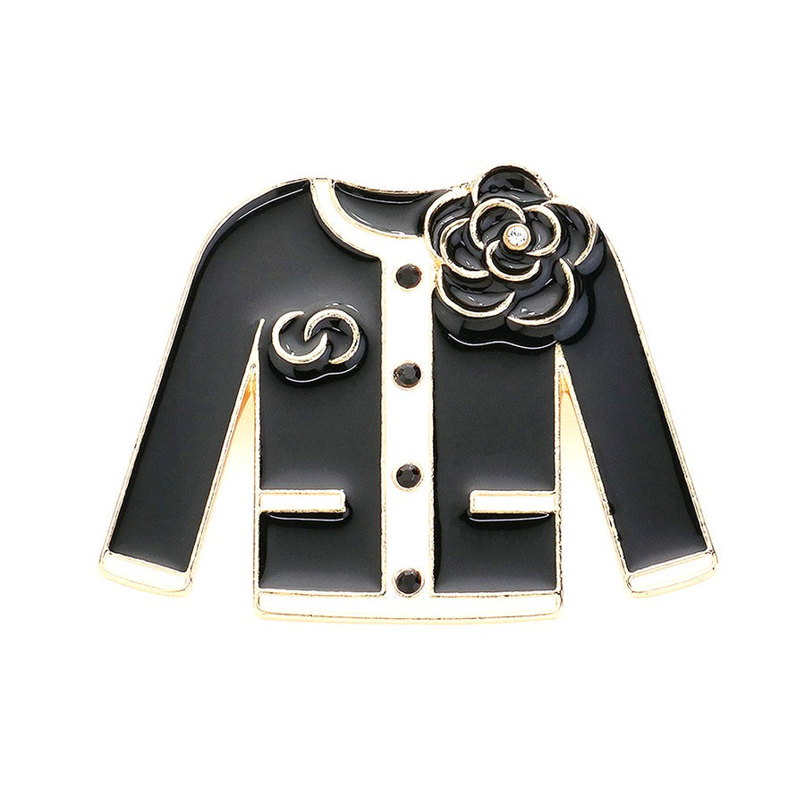 Enamel Black Camellia Jacket Pin Brooch