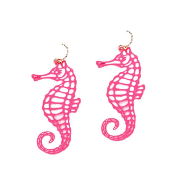 Whimsical Fuchsia Pink Cutout Sea Horse Dangle Earrings