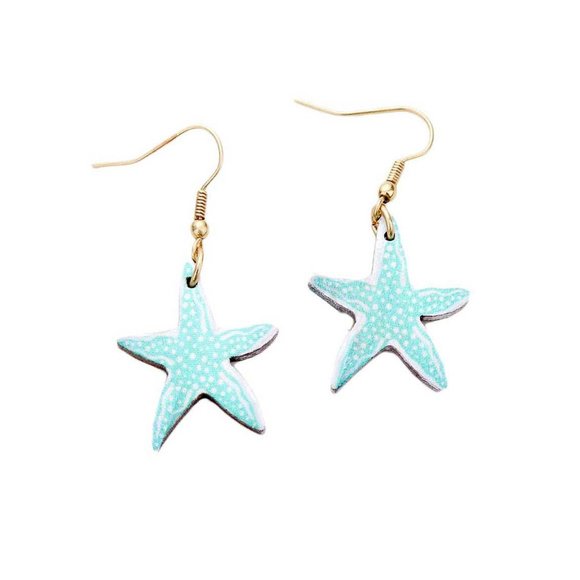 Whimsical Mint Blue Starfish Wood Dangle Statement Earrings