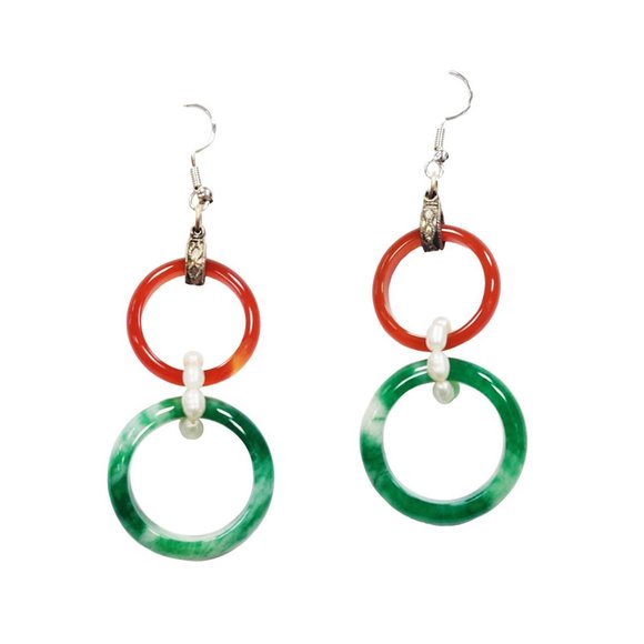 Exotic Tibetan Carnelian And Green Jade Hoops Pearl Dangle Earrings