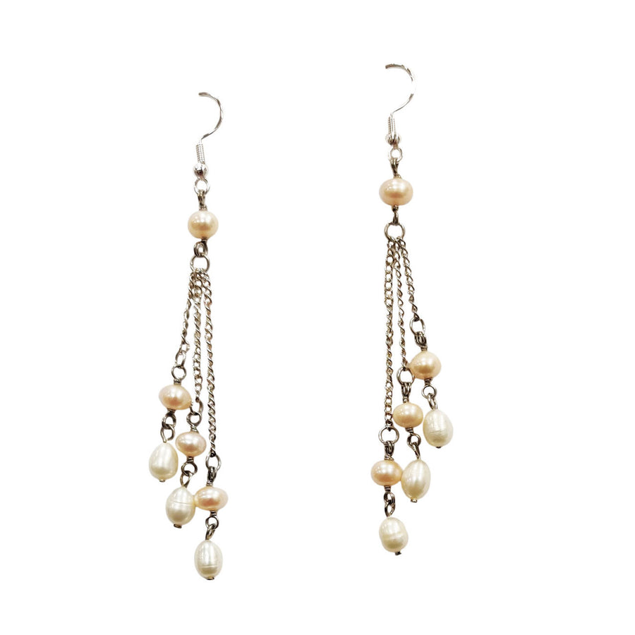 Lovely Tri Strand Pink Ivory Pearl Cascading Earrings