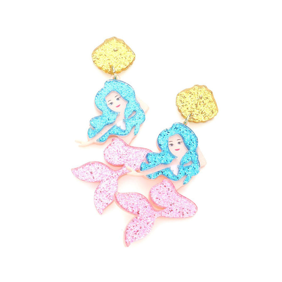 Glittering Multi Pink Resin Shell Mermaid Dangle Earrings