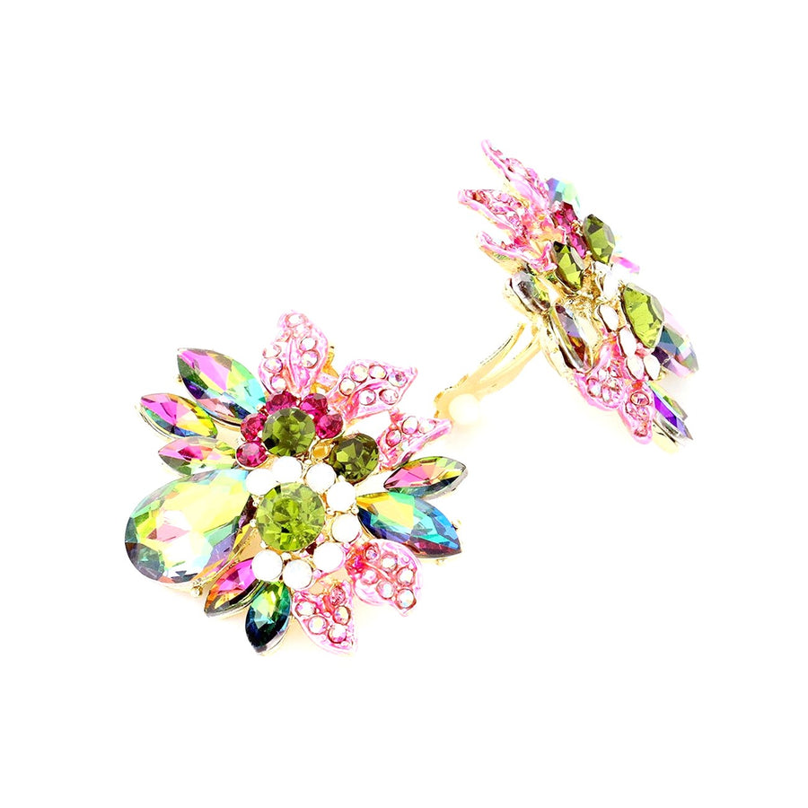 Multi Color Stone Floral Clip On Evening Earrings