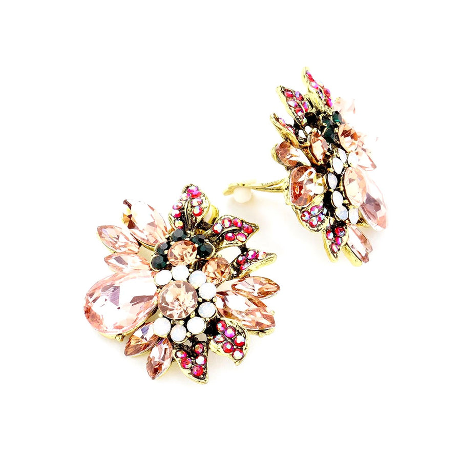 Multi Color Stone Floral Clip On Evening Earrings