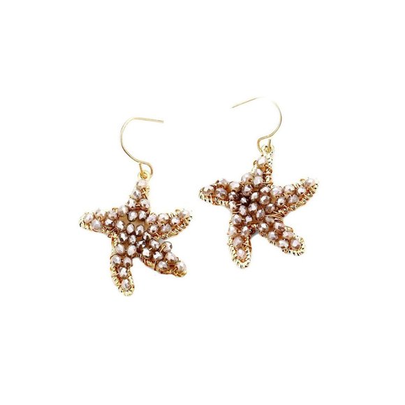 Metallic Gold Wire Grey Faceted Beads Starfish Dangle Earrings