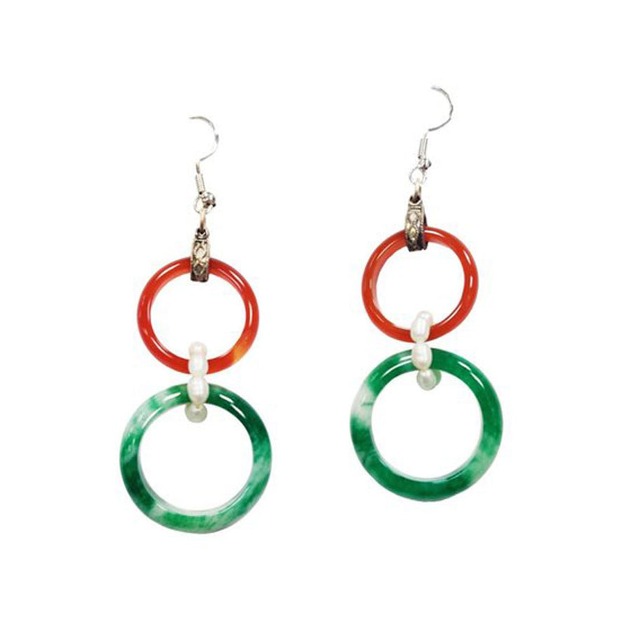Tibetan Carnelian and Green Jade Hoops Pearl Sterling Silver Earrings