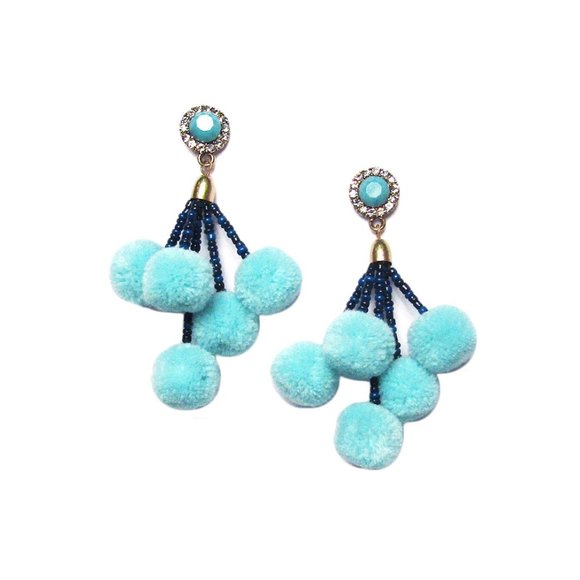 Blue Pom Poms Cluster Statement Earrings