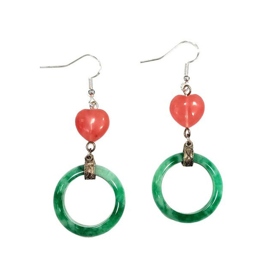 Exotic Tibetan Green Jade Hoop Heart Sterling Silver Dangle Earrings