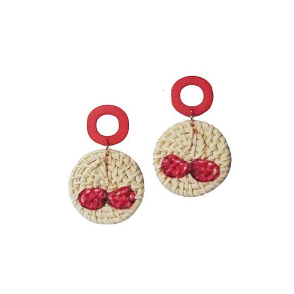 Whimsical Cherry Woven Straw Drop Earrings