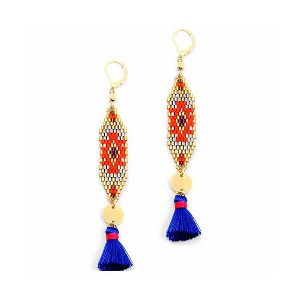 Stunning Orange Weave Blue Tassel Long Gold Statement Earrings