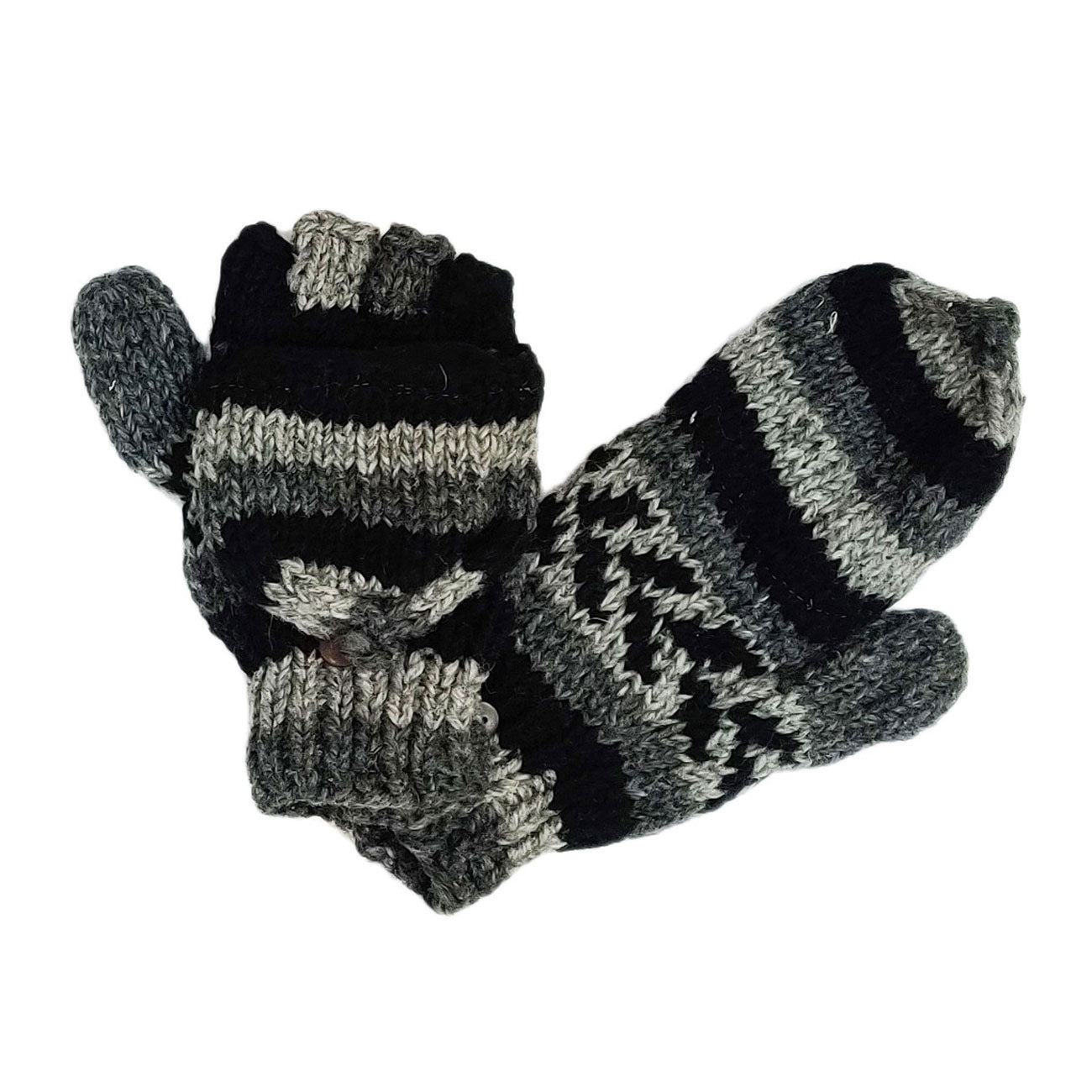 Nepal Hand Knit 100 Wool Multi Brown Fingerless Flip Top Men Mitten G