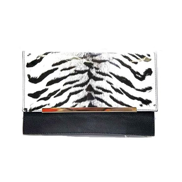 Glossy Snow Tiger Black Faux Leather Clutch