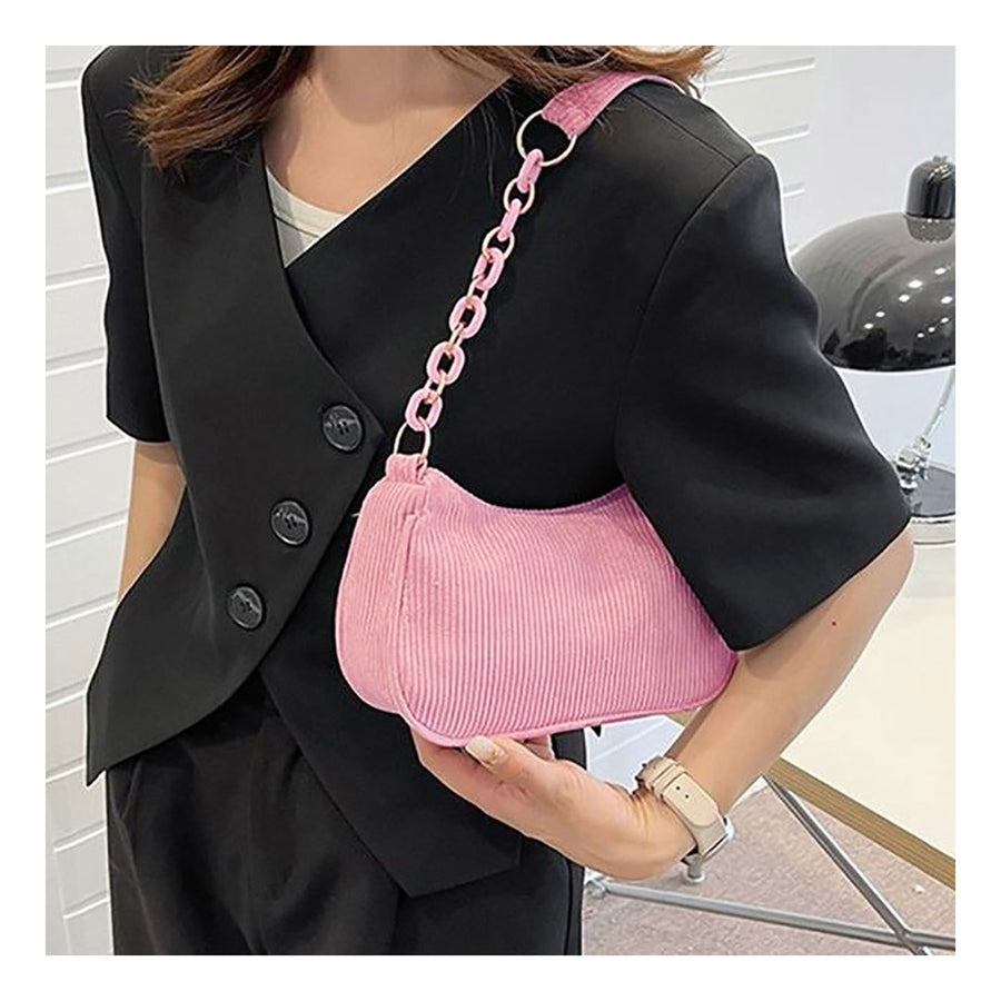Stylish Pink Corduroy Chain Shoulder Bag