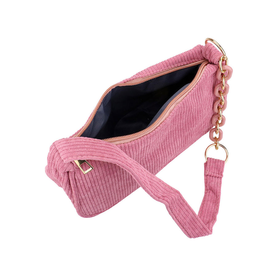 Stylish Pink Corduroy Chain Shoulder Bag