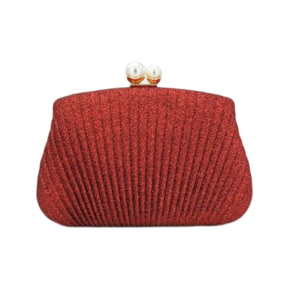 Chic Red Satin Pleated Minaudiere Evening Bag