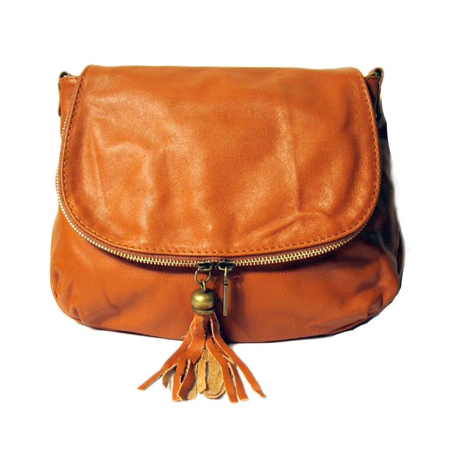 Tan Saddle Genuine Leather Tassel Crossbody Handbag