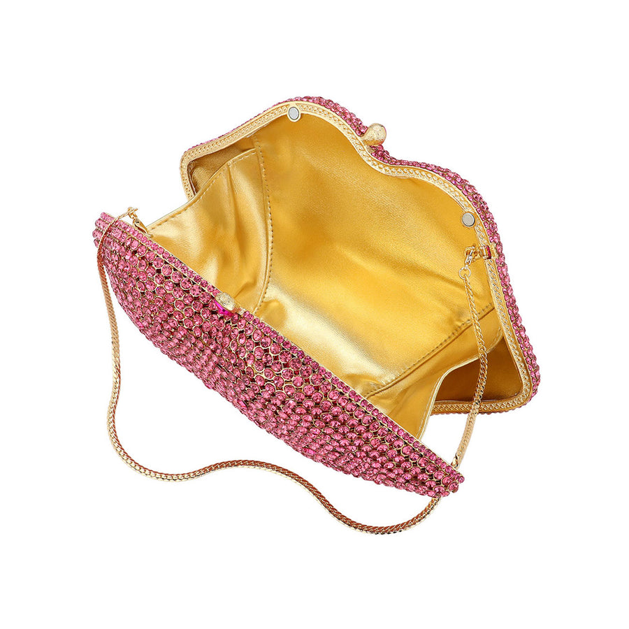 Dazzling Pink Crystal Rhinestone Hot Lips Clutch Bag