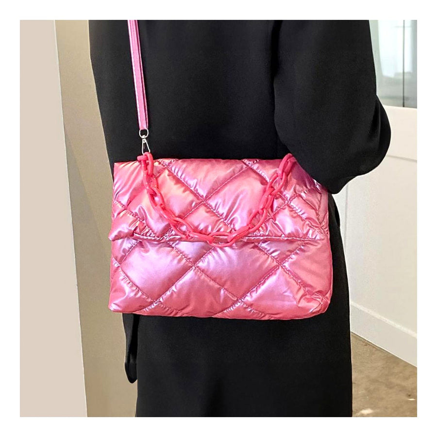 Pink Metallic Quilted Flap Shoulder Bag