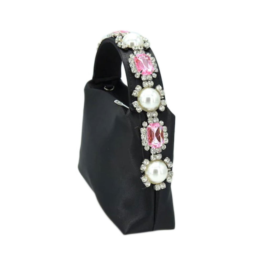 Pink Satin Pearly Crystal Beads Handle Bag