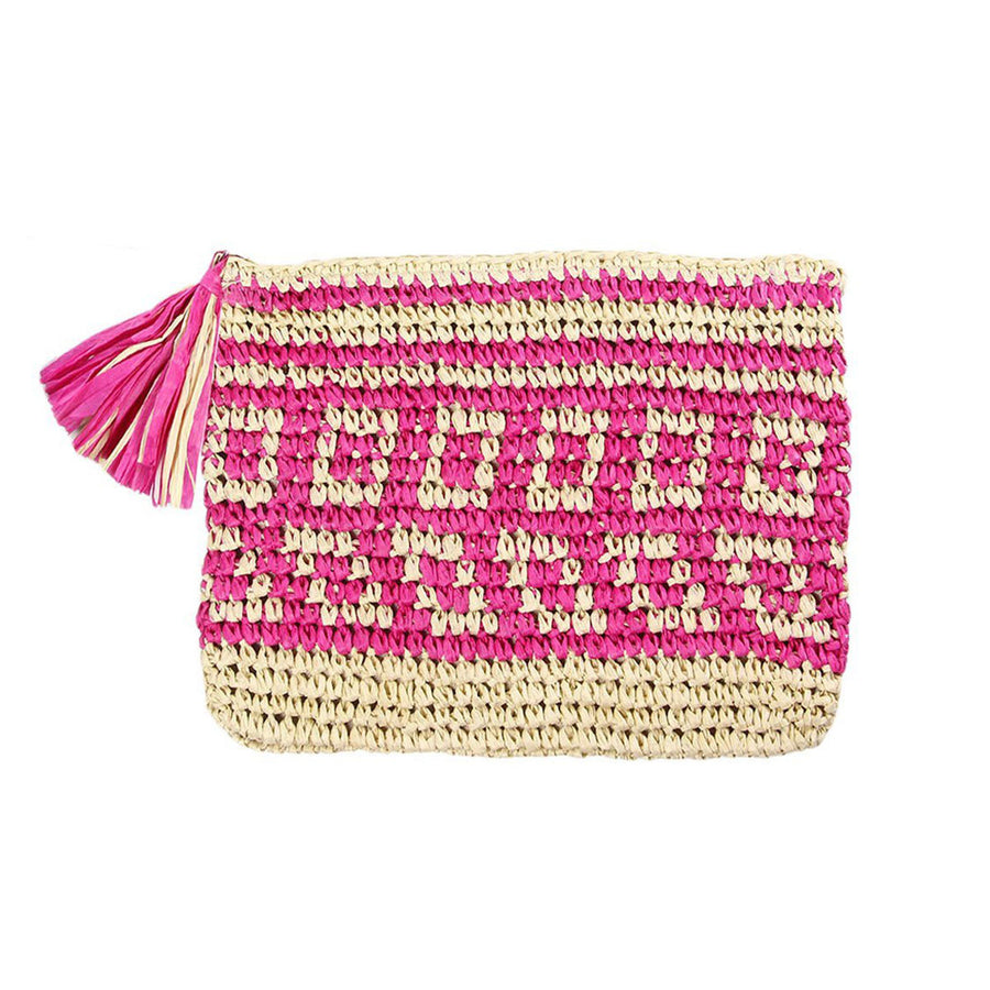 Pink Tassel Pouch Straw Clutch Bag