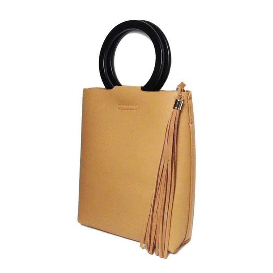 High Style Tan Tassel Wood Ring Handle Bag