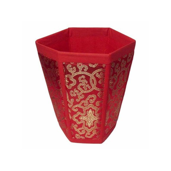 Exquisite Red Gold Scrolls Silk Brocade Waste Paper Basket