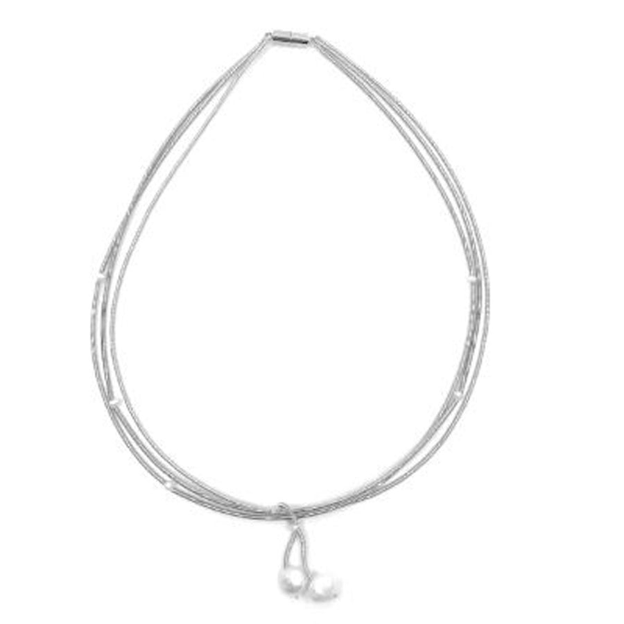Handcrafted Pearly Drop Tri-Strand Silver Piano Wire Necklace