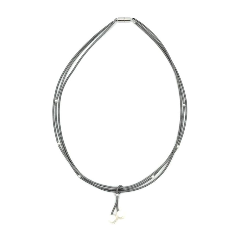 Handcrafted Pearly Drop Tri-Strand Silver Piano Wire Necklace