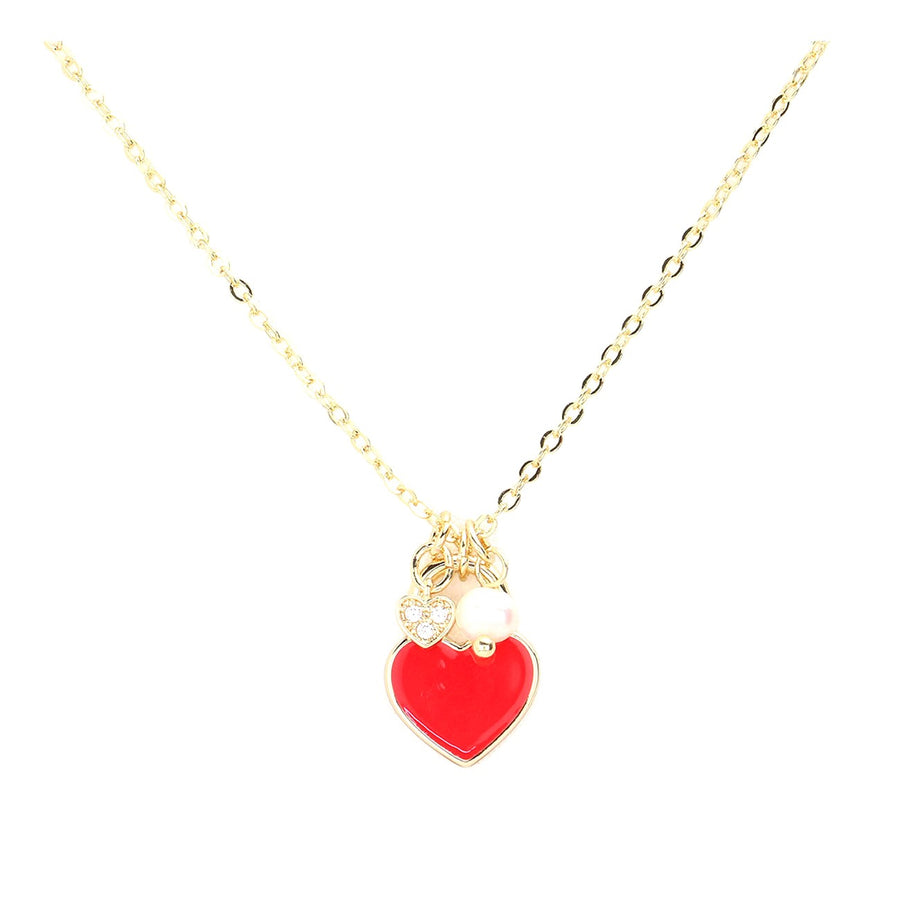 Romantic Red Enamel Heart Pearly Pendant Necklace