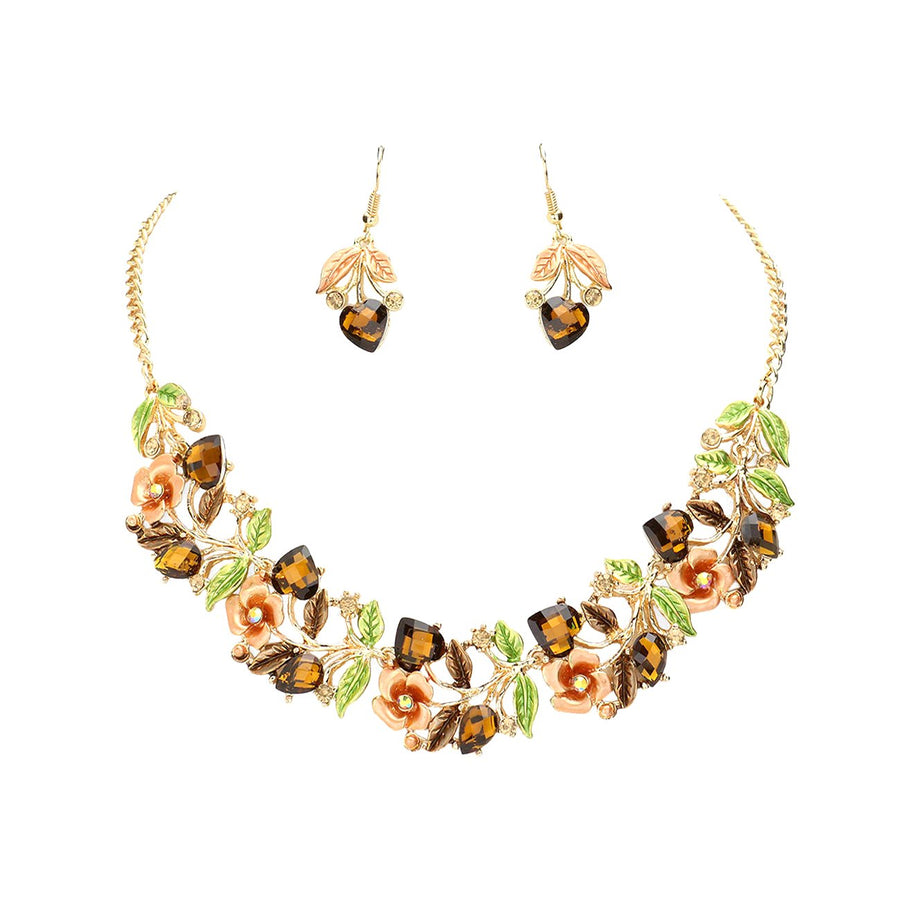 Gold Brown Filigree Floral Stone Necklace Set