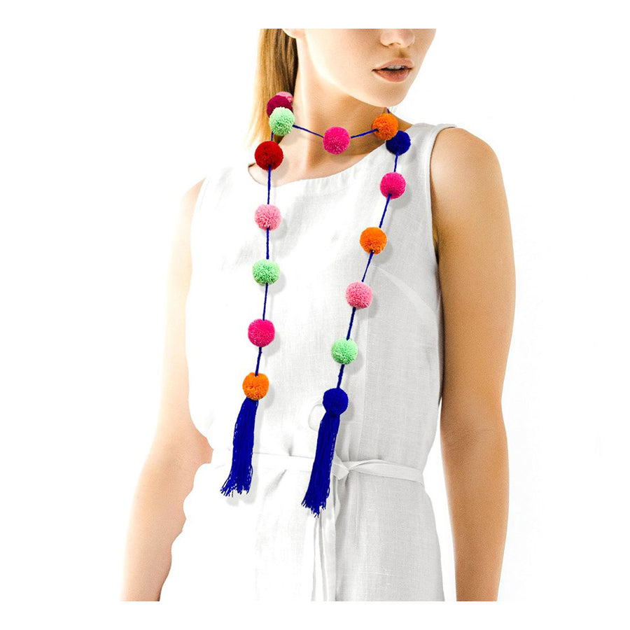 Multi Color Pom Pom Tassel Long Necklace