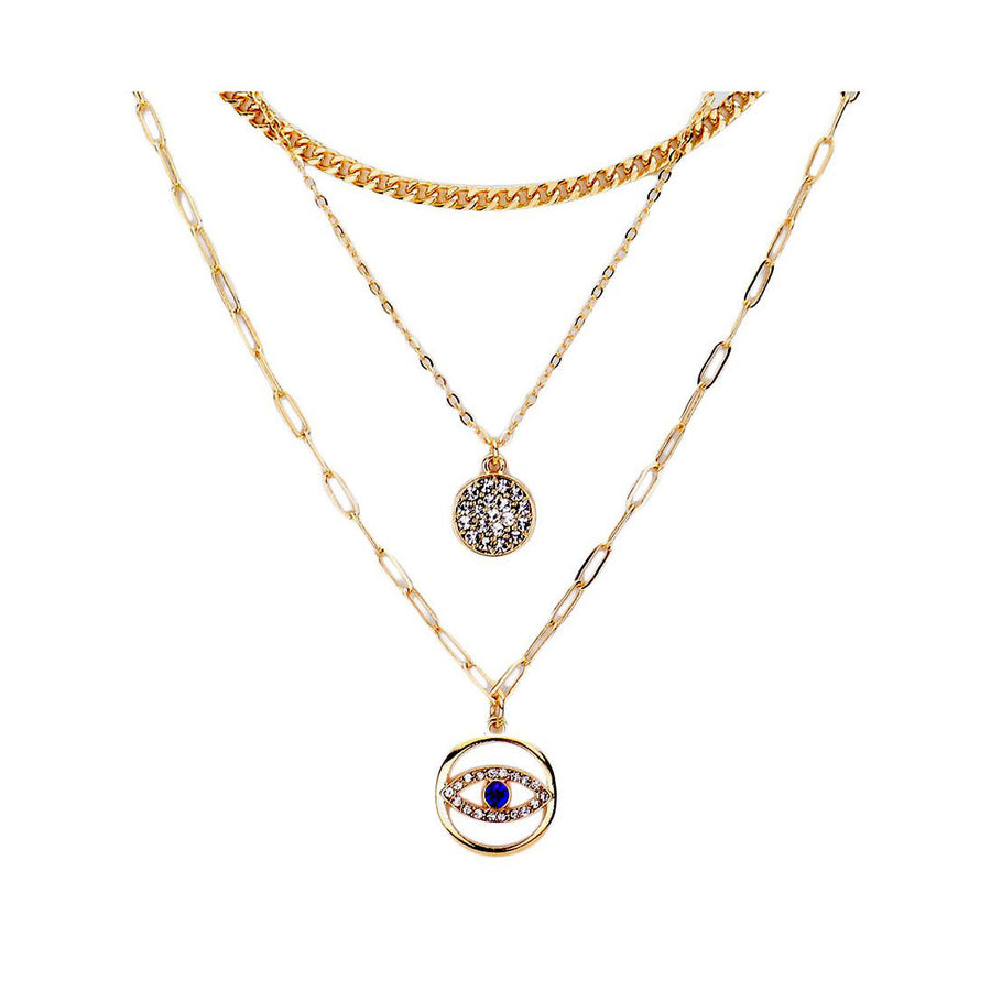 Stunning Triple Chain Link Evil Eye Rhinestone Pendant Necklace