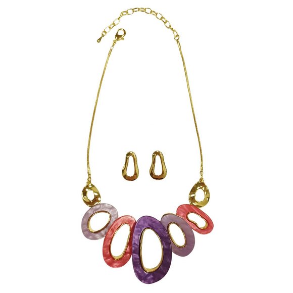 Dramatic Multi Purple Abstract Oval Statement Necklace Set