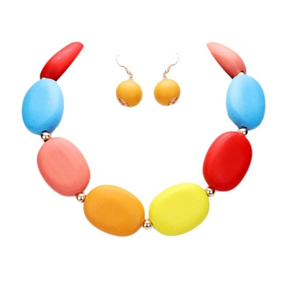 Multi Color Wood Collar Necklace Set