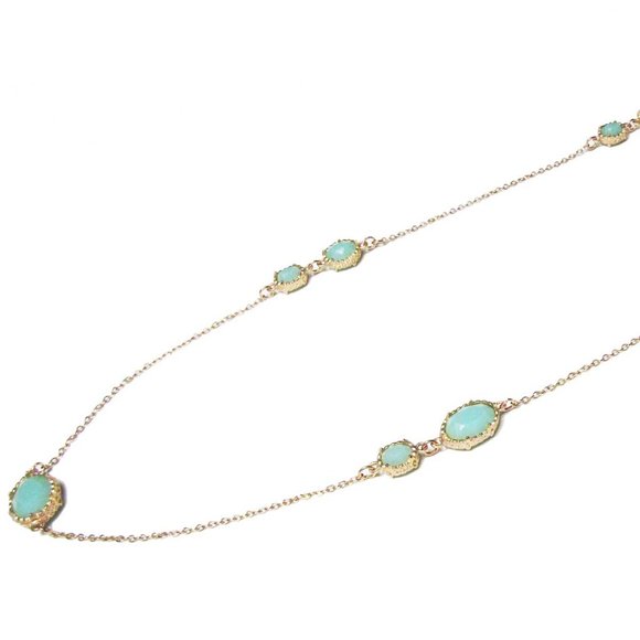 Stylish Multi Faceted Oval Sea Green Long Chain Link Necklace