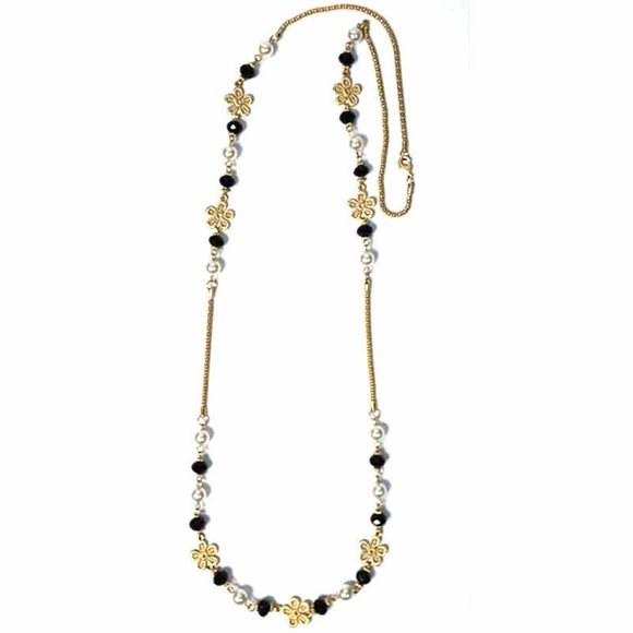 Gorgeous Black Pearly Bead Long Chain Link Necklace