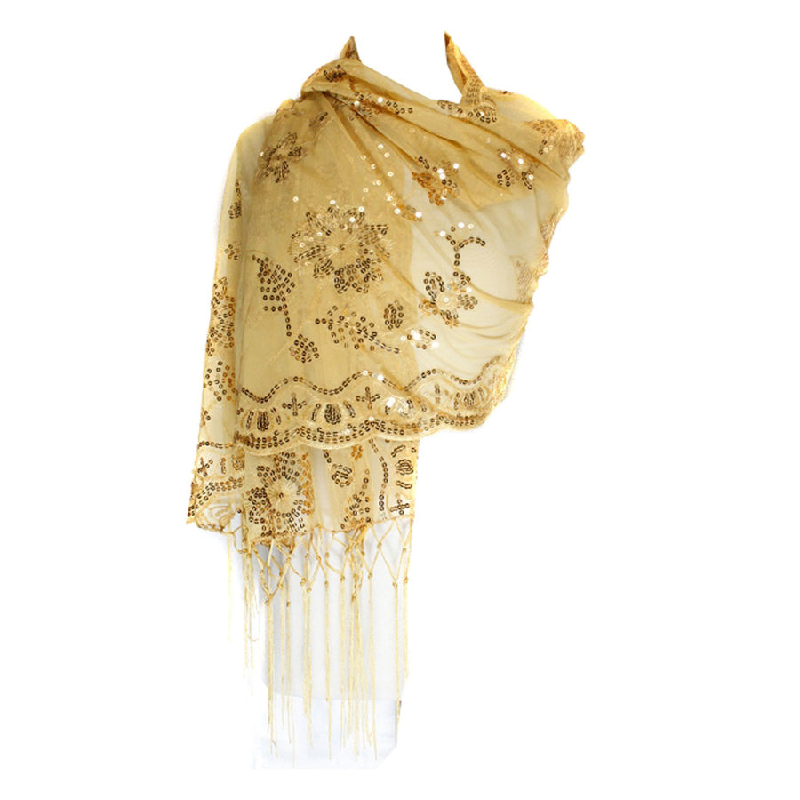 Gold Sequins & Embroidery Fringe Scarf