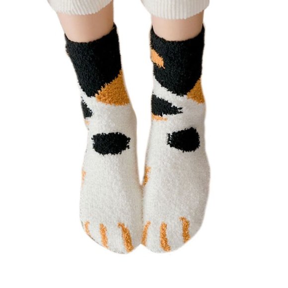 Black Orange Spots Kitty Cat Print Plush Socks